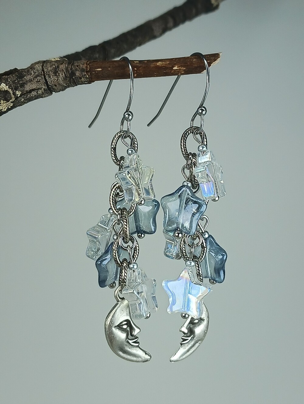 HAND CRAFTED Moon Star Dangle Earrings Celestial Blue Crystal Fairycore - Picture 3 of 6